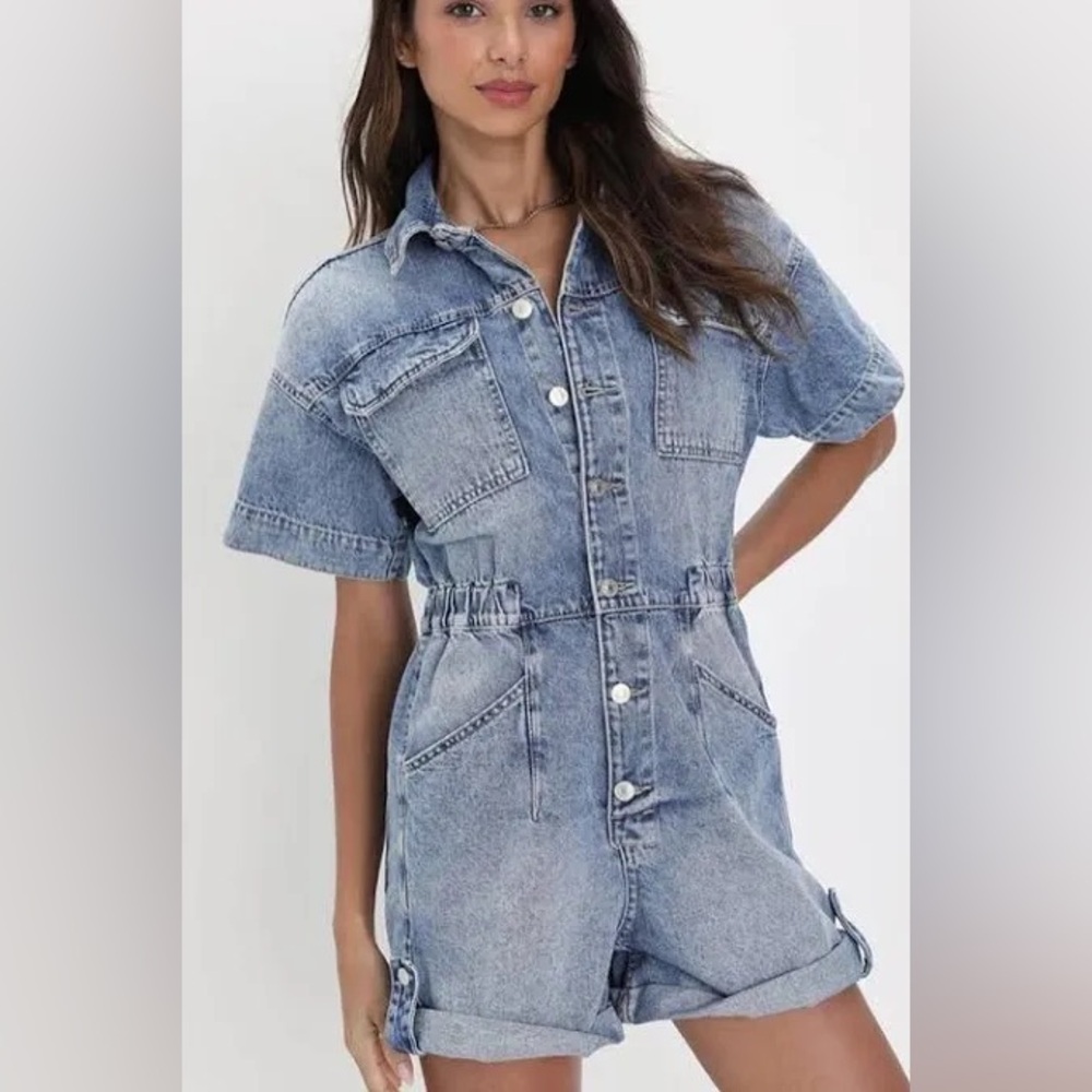 Free People Marci Denim Overall Short Marrakesh